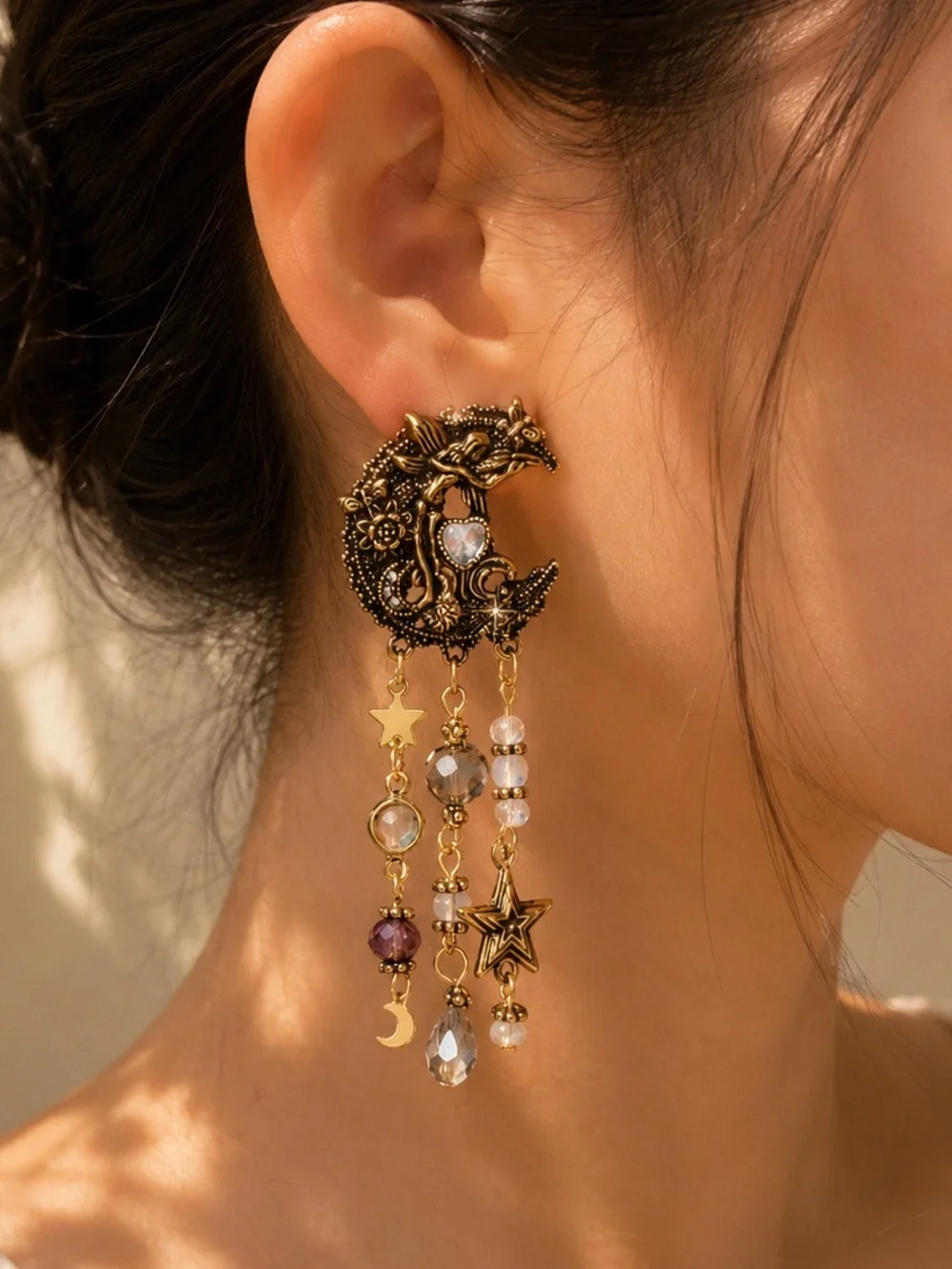 Gold Celestial Moon Drop Earrings